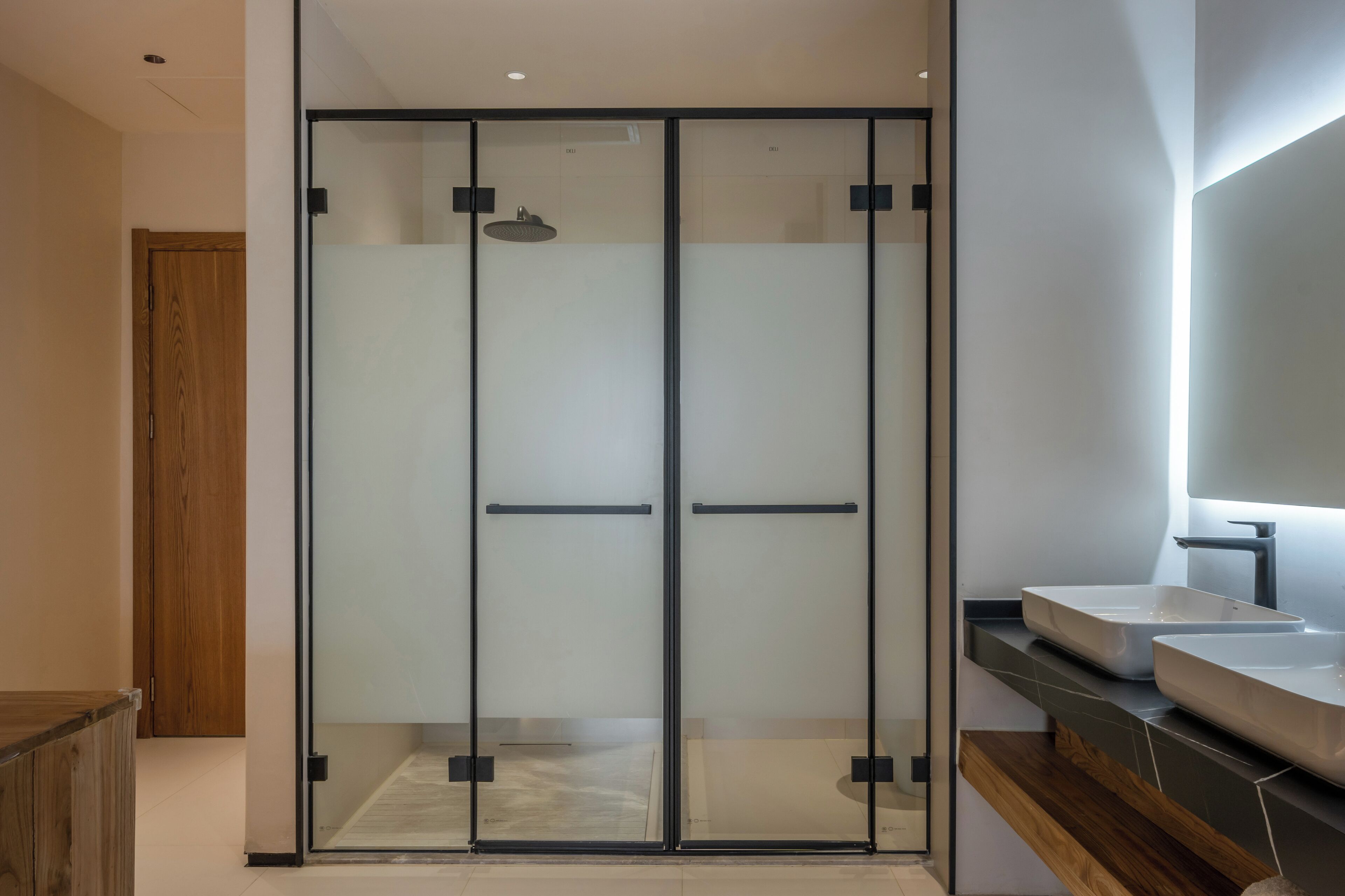 A modern bathroom with a glass enclosure, a wooden door, and a large mirror.