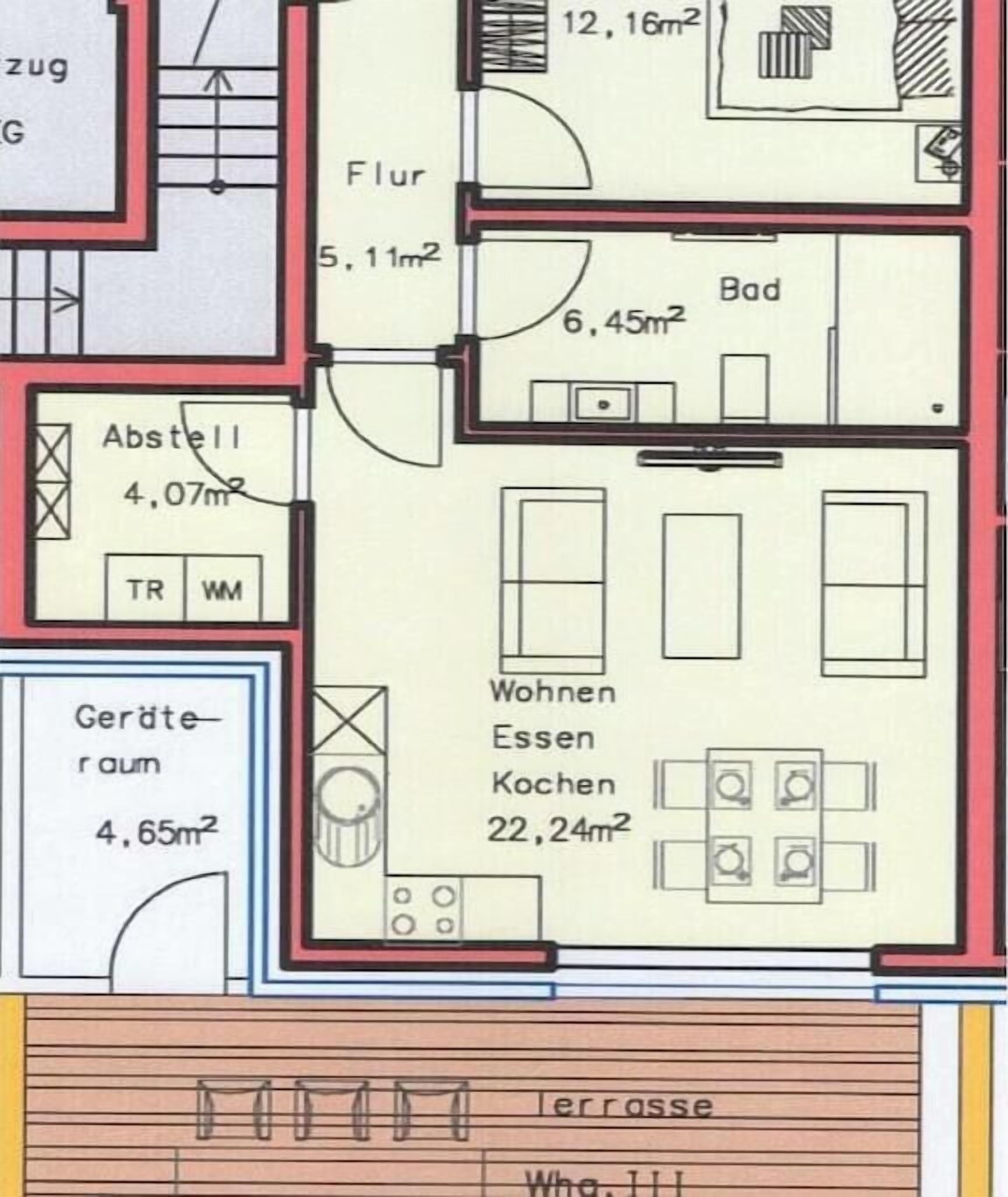 A hotel floor plan with a living room, kitchen, bathroom, and two bedrooms.