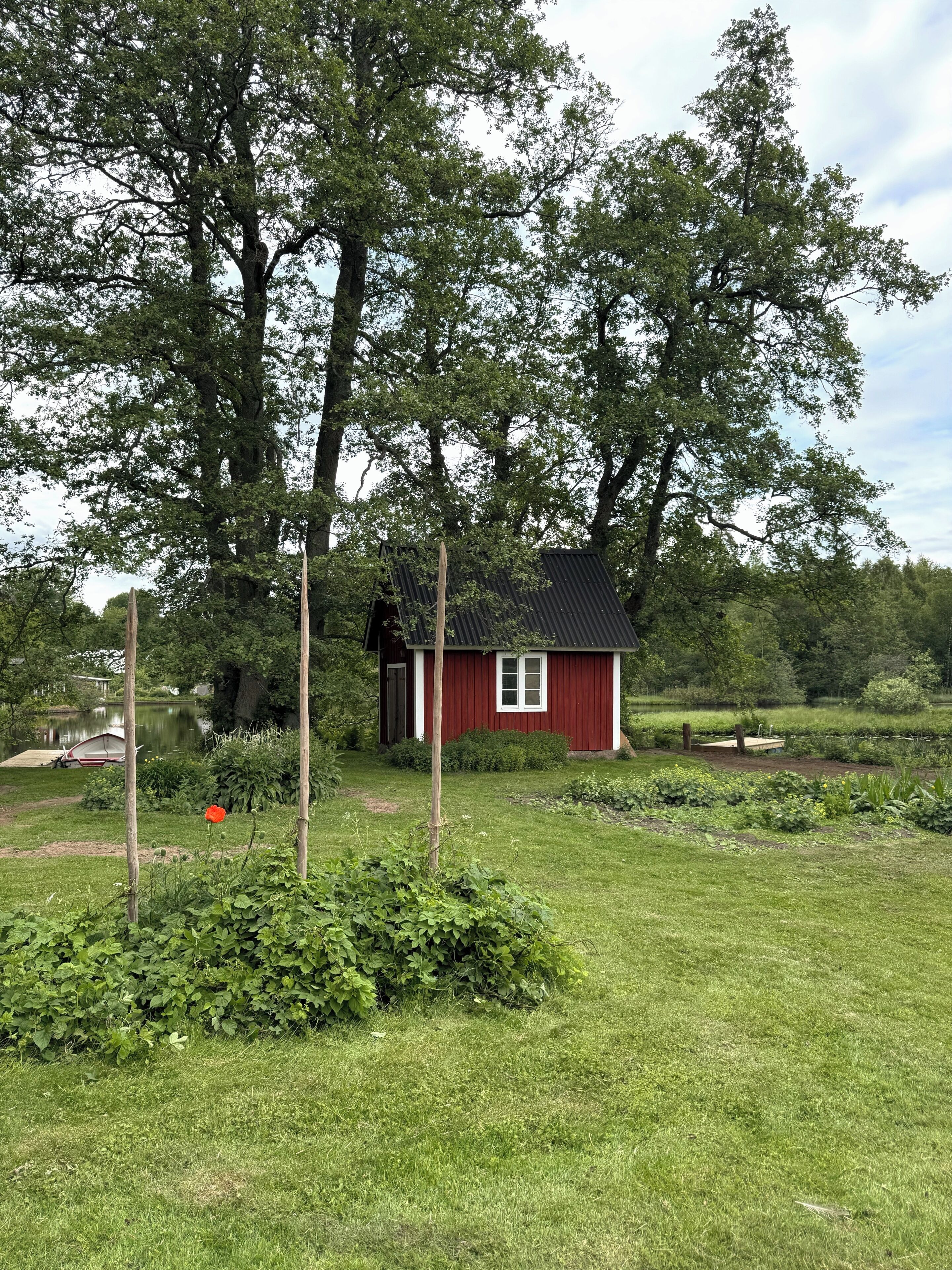 Une maison rouge avec un toit noir, entourée d’une pelouse et d’arbres.