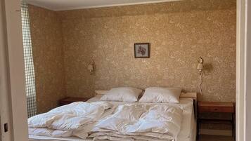 Une chambre à coucher avec un lit, une table de chevet, une lampe et un tapis à motifs.