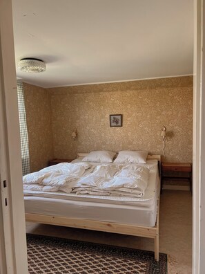 A bedroom with a bed, a nightstand, a lamp, and a patterned carpet.