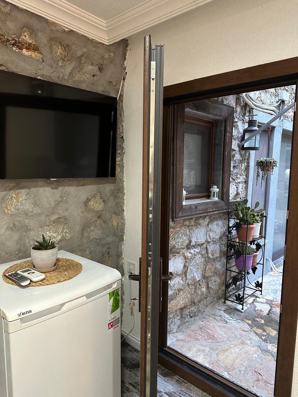 A compact living space with a stone wall, a white appliance, a mounted TV, and a door leading to an outdoor area with potted plants.
