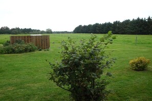 A grassy field with a wooden fence and a bush in the foreground. - Holiday apartment in Nebel with swimming pool (Nebel)