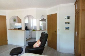 A compact living space with a kitchenette, a dining area with a chair, and a door leading to another room. - Holiday apartment in Wiek with barbecue (Wiek)