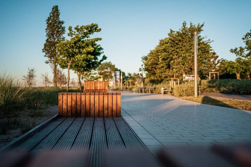 Un banco de madera en un camino empedrado, con árboles y un cielo despejado al fondo.