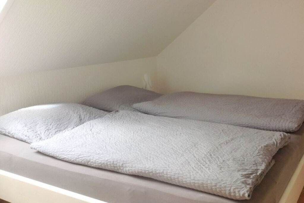 A bed with a white mattress and two pillows.