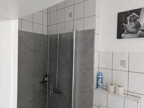 En bruseniche med glasdør, håndbruser og et kontrolpanel på væggen.