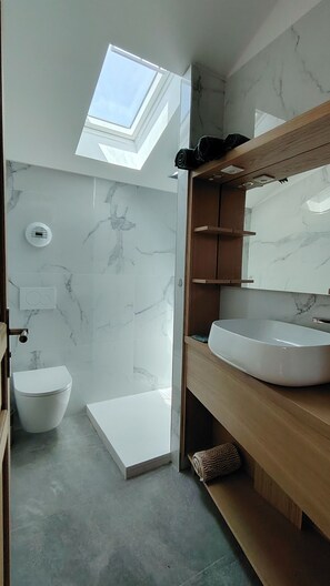 Een moderne badkamer met dakraam, toilet, douche en een wastafelmeubel.