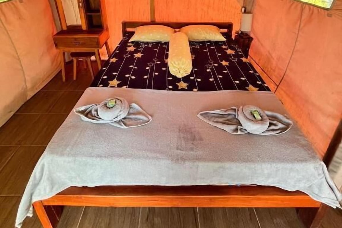 A tent with a bed, a table, and a chair.