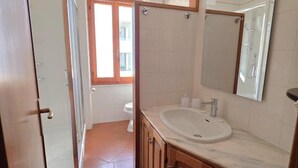 Een badkamer met douche, toilet en wastafel.
