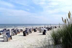 Une plage bordée de rangées de chaises de plage et de parasols à rayures, une plage de sable fin, et l’océan en toile de fond.
