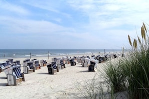 Ein Strand mit Reihen aus gestreiften Liegestühlen und Sonnenschirmen, feinem Sand und dem Meer im Hintergrund.