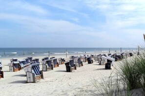 Une plage bordée de rangées de chaises de plage et de parasols à rayures.