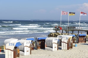 Beach huts numbered 236, 254, and 3, with flags in the background. - Baltic Sea adventure (Scharbeutz)