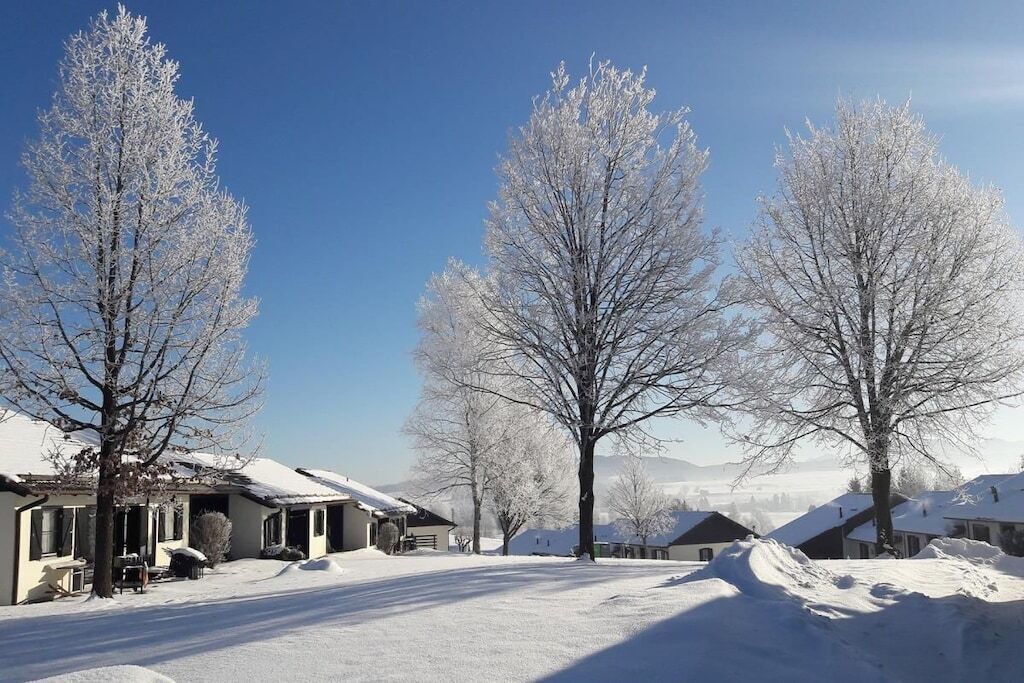 Ein Wohngebiet mit schneebedeckten Häusern und Bäumen.