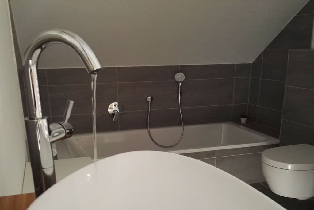 Een moderne badkamer met een bad, een douche en een toilet.