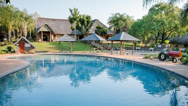 Piscina con un patio circundante, que incluye sillones de descanso y sombrillas.