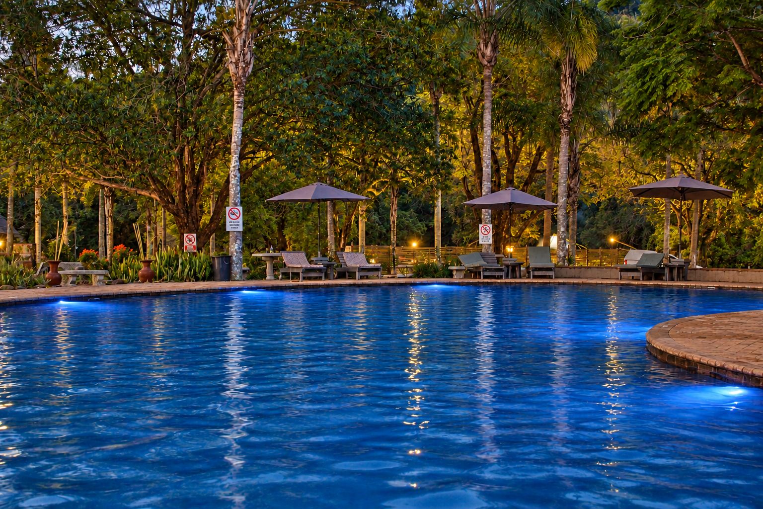 A swimming pool with lounge chairs and umbrellas, surrounded by trees and a fence.