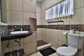 A bathroom with a sink, toilet, and shower area. - Kruger Whispering Waters (Hazyview)