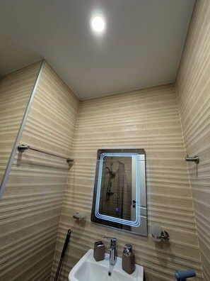 Ein Badezimmer mit Dusche, einem Waschbecken mit zwei Becken und einem Spiegel mit Beleuchtung.