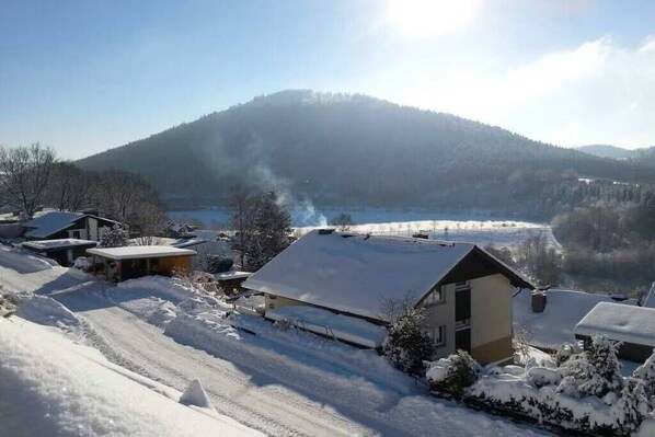 Un quartier résidentiel où les maisons sont recouvertes de neige, avec un ciel dégagé et une montagne en arrière-plan.