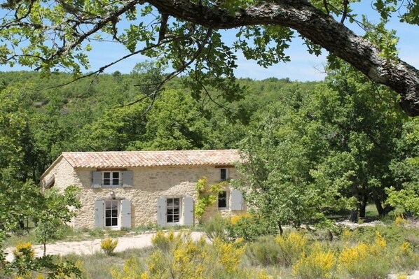 A stone house with a tiled roof, surrounded by trees and vegetation. - Holiday home with 2 bedrooms (Saint-Martin-de-Castillon)