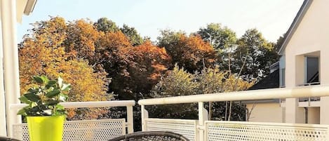 Een balkon met rieten stoelen en een tafel, een potplant en uitzicht op bomen met herfstbladeren.