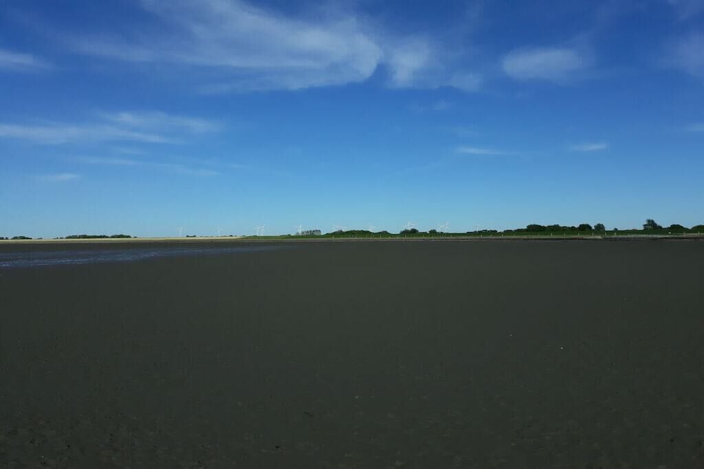 Una playa con cielo despejado y aerogeneradores a lo lejos.