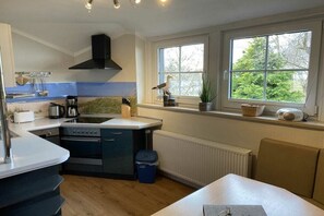 A compact kitchen with a stove, sink, and a window with a view of greenery. - Holiday home "On the cliffs" Apt. 4 (Boltenhagen Redewisch)