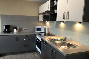 A modern kitchen with grey cabinets, a stainless steel sink, and a microwave. - Holiday apartment with 2 bedrooms (Scharbeutz)