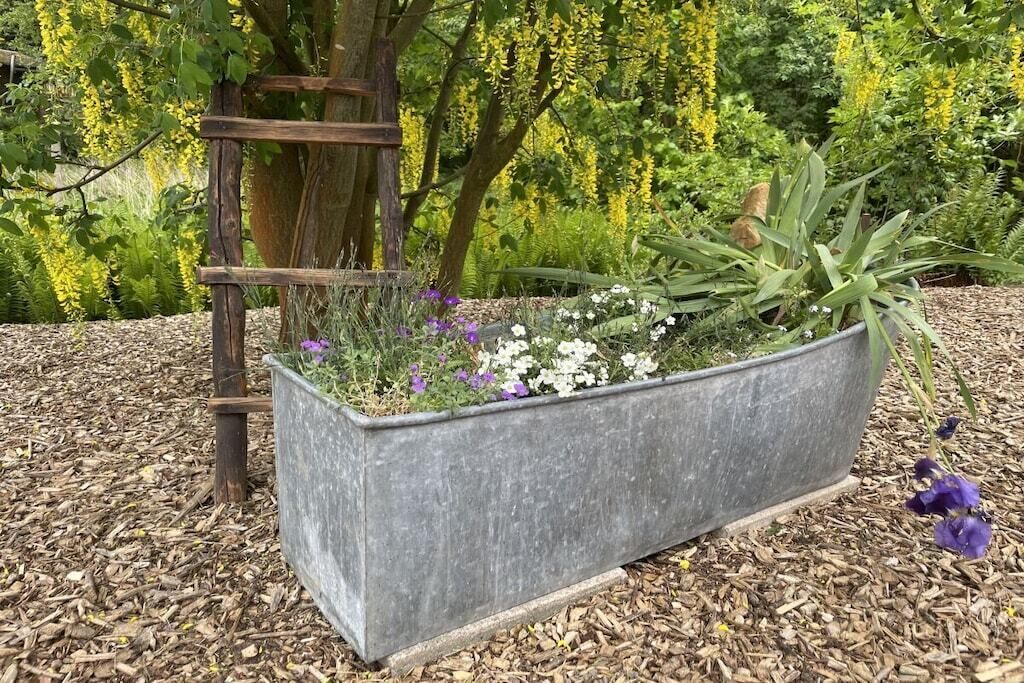 Un bac à fleurs en métal, contenant diverses plantes et fleurs, posé sur un lit de paillis.