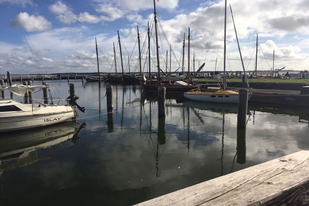 A marina with several boats docked, calm water, and a wooden dock.