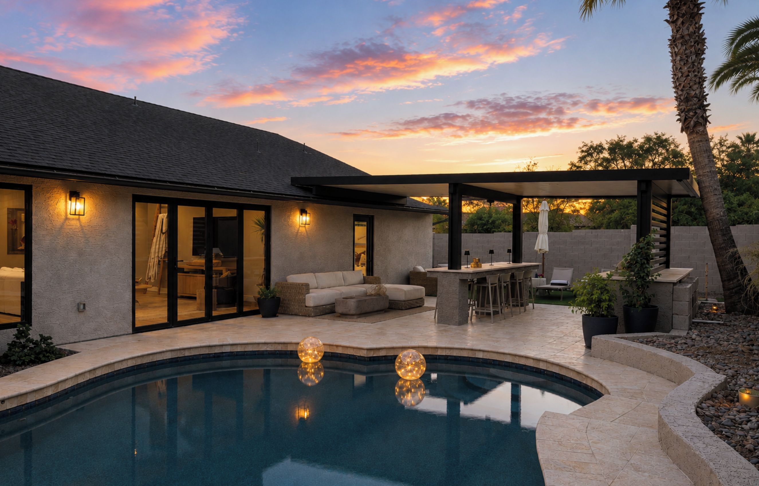 A modern house with a swimming pool, outdoor seating, and a covered patio area.