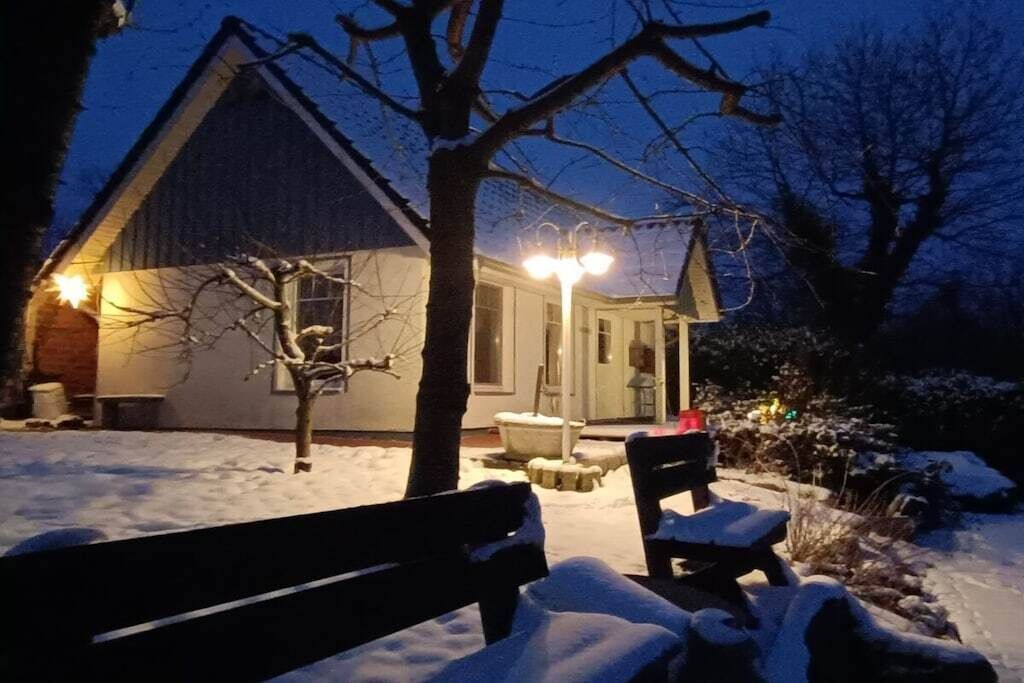 Un banco cubierto de nieve y una casa con porche en la noche.