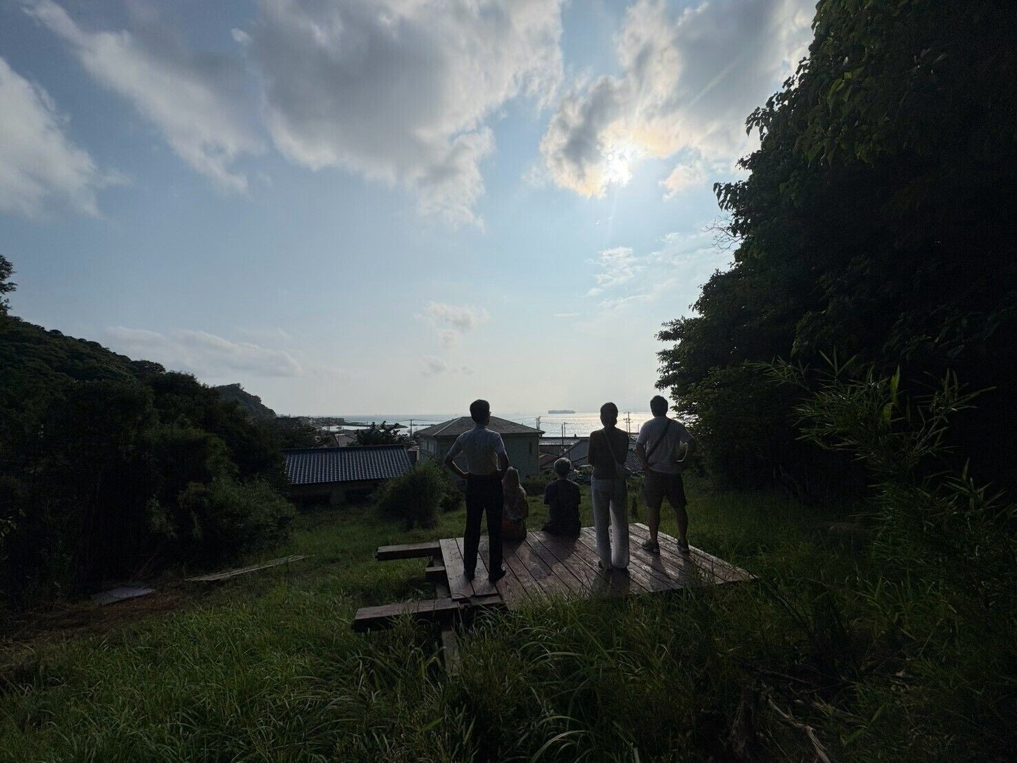 A group of people standing on a wooden platform overlooking a coastal area with a view of the sea and a ship in the distance.