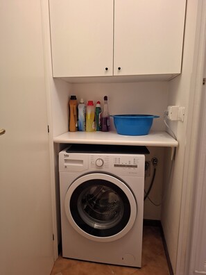A compact laundry area with a washing machine, a shelf with detergent bottles, and a blue basin. - Garden Apartment, just a short walk from the beach and equipped with every amenity (Italy)