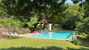 Ein Schwimmbecken mit Steinrand, umgeben von gepflegtem Rasen und Bäumen.