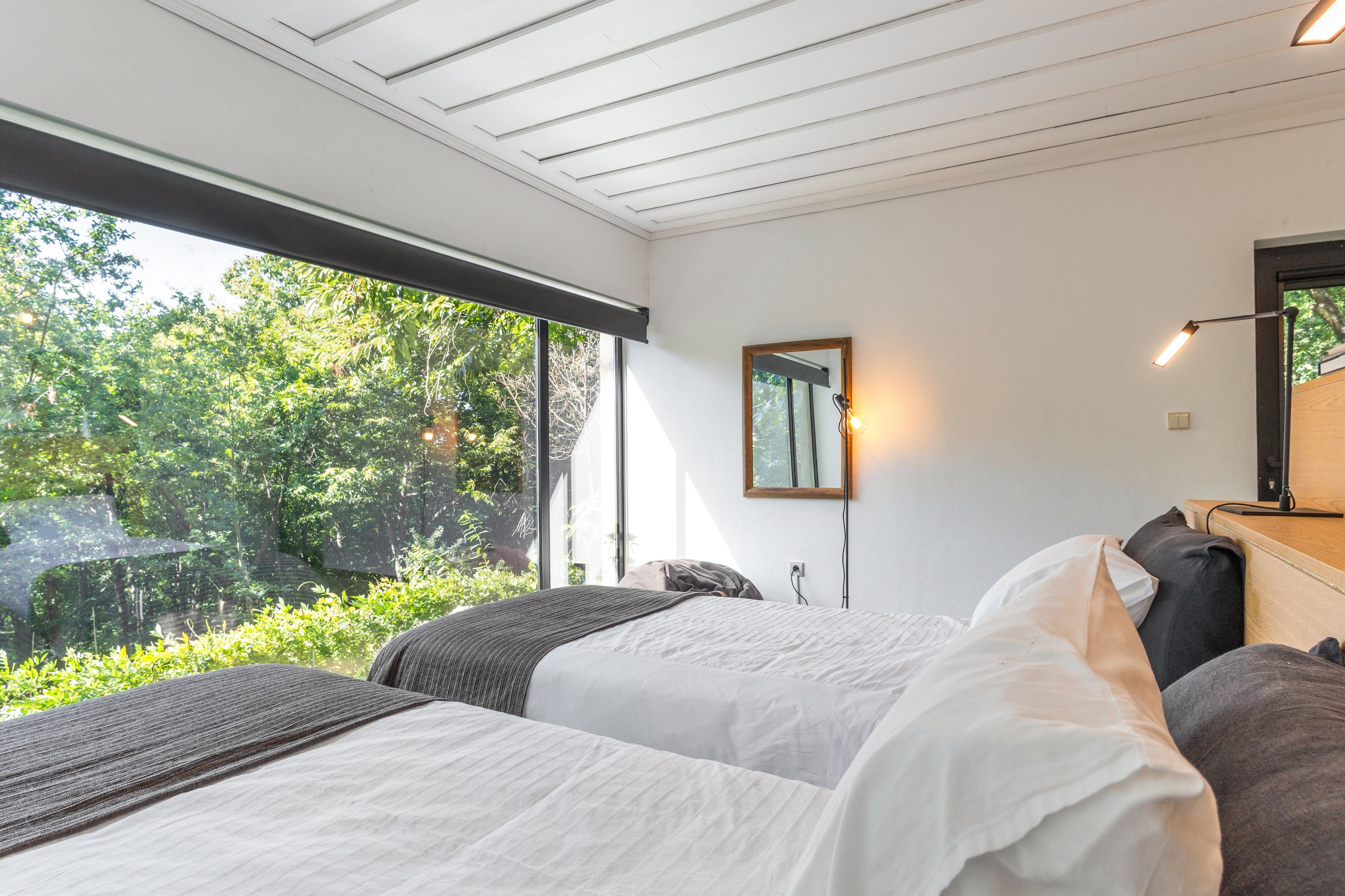 Een slaapkamer met twee bedden, een raam met uitzicht op groen, een spiegel aan de muur en een bedlampje.