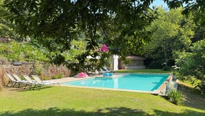 A rectangular swimming pool with a tiled edge, surrounded by a well-maintained lawn and a stone wall. - Suite Camélia Room with Shared Pool and Private Garden (Fornelos)