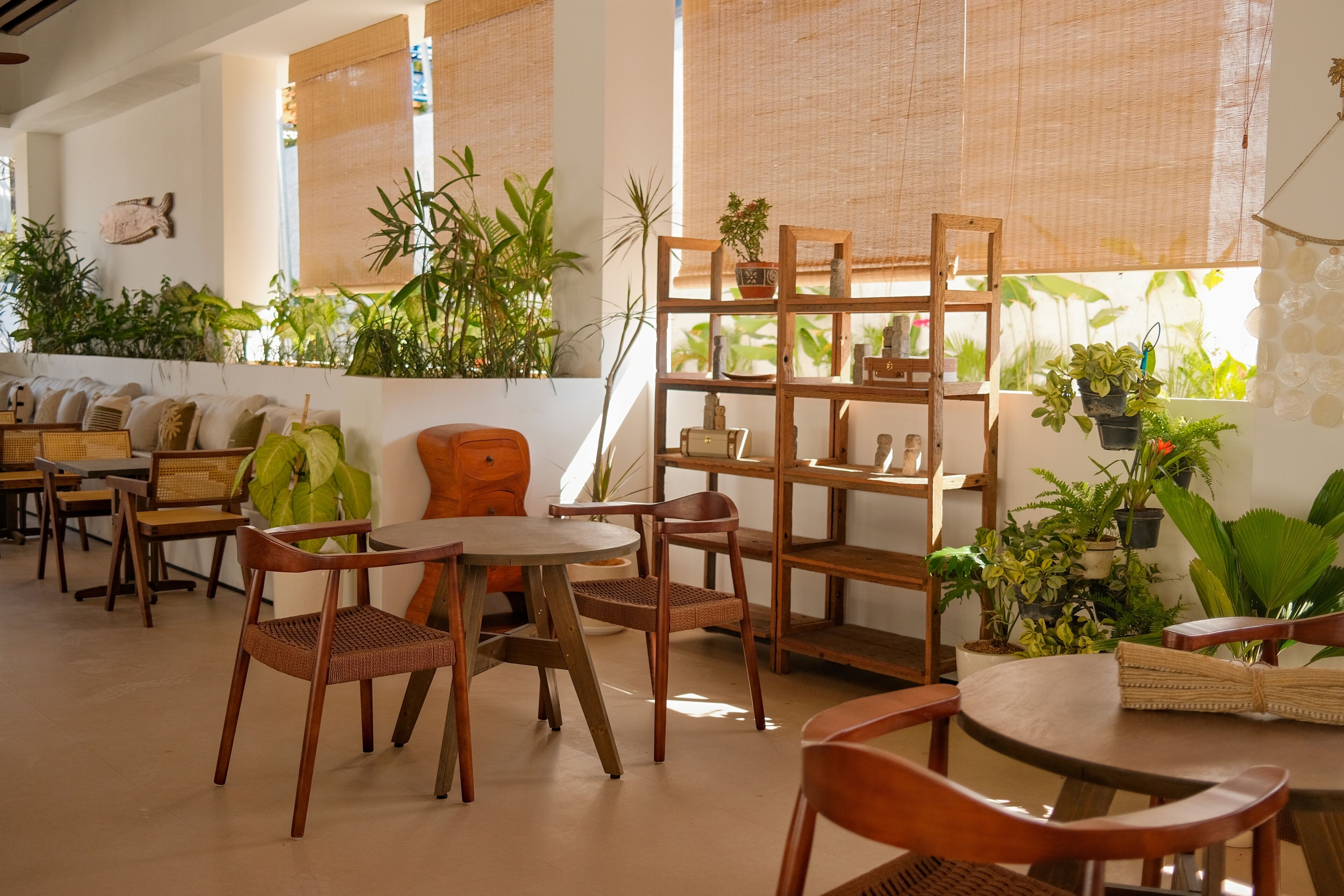 A room with a dining area featuring wooden furniture and a shelf with plants.