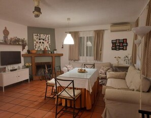 En stue med pejs, spisebord med stole, sofa, fjernsyn og en vægmonteret aircondition.
