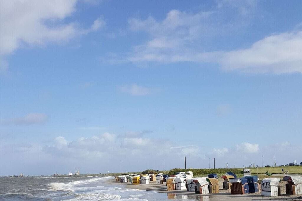A coastal area with a row of numbered beach huts along the shore.