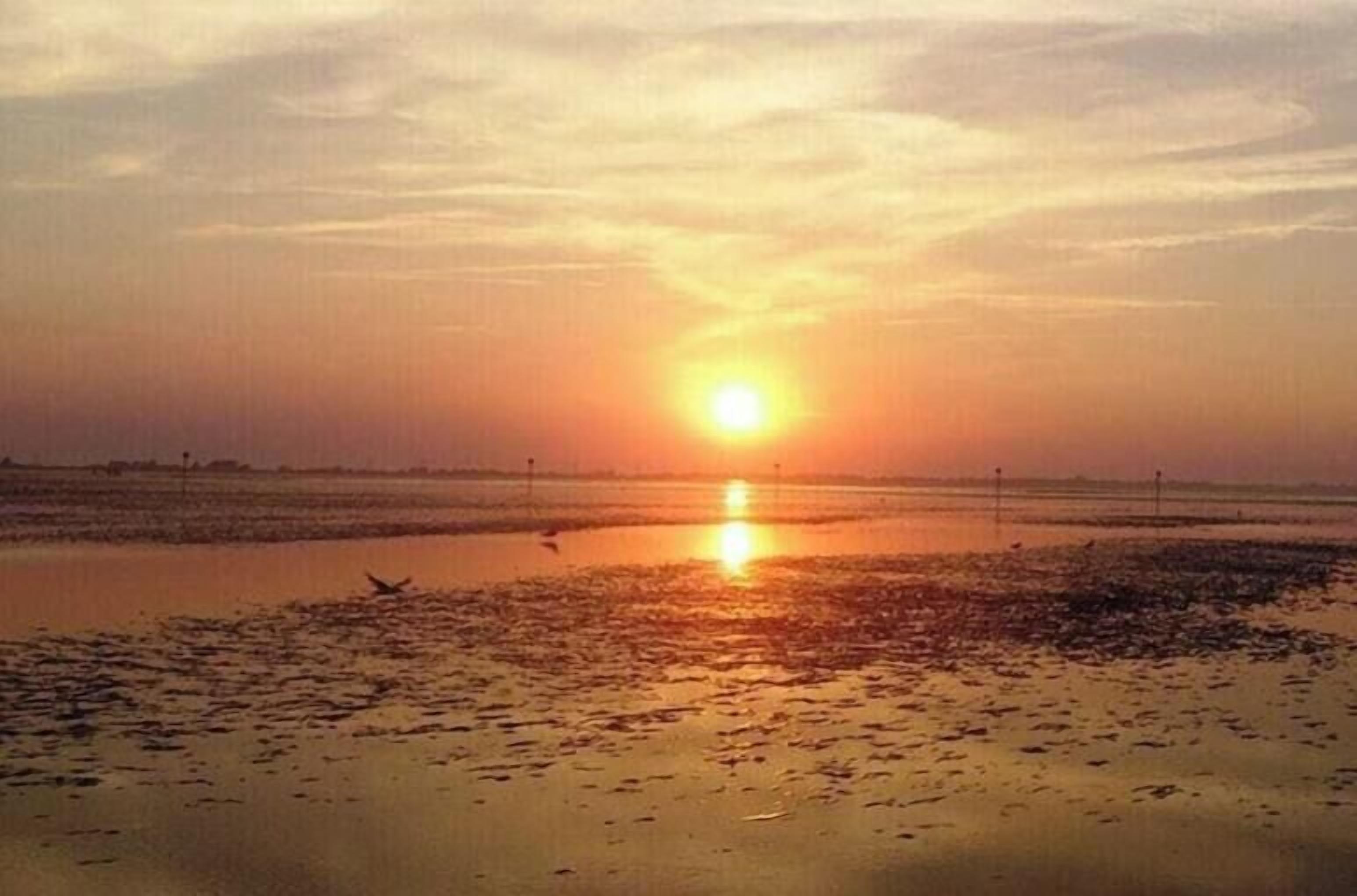 Een zonsondergang boven een vlak landschap met een wateroppervlak dat de zon weerspiegelt.