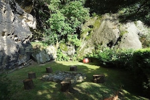 A natural outdoor area with a stone fire pit surrounded by wooden stumps, set against a backdrop of rocky terrain and dense foliage. - Holiday apartment with 1 bedroom (Königstein\/ OT Leupoldishain)