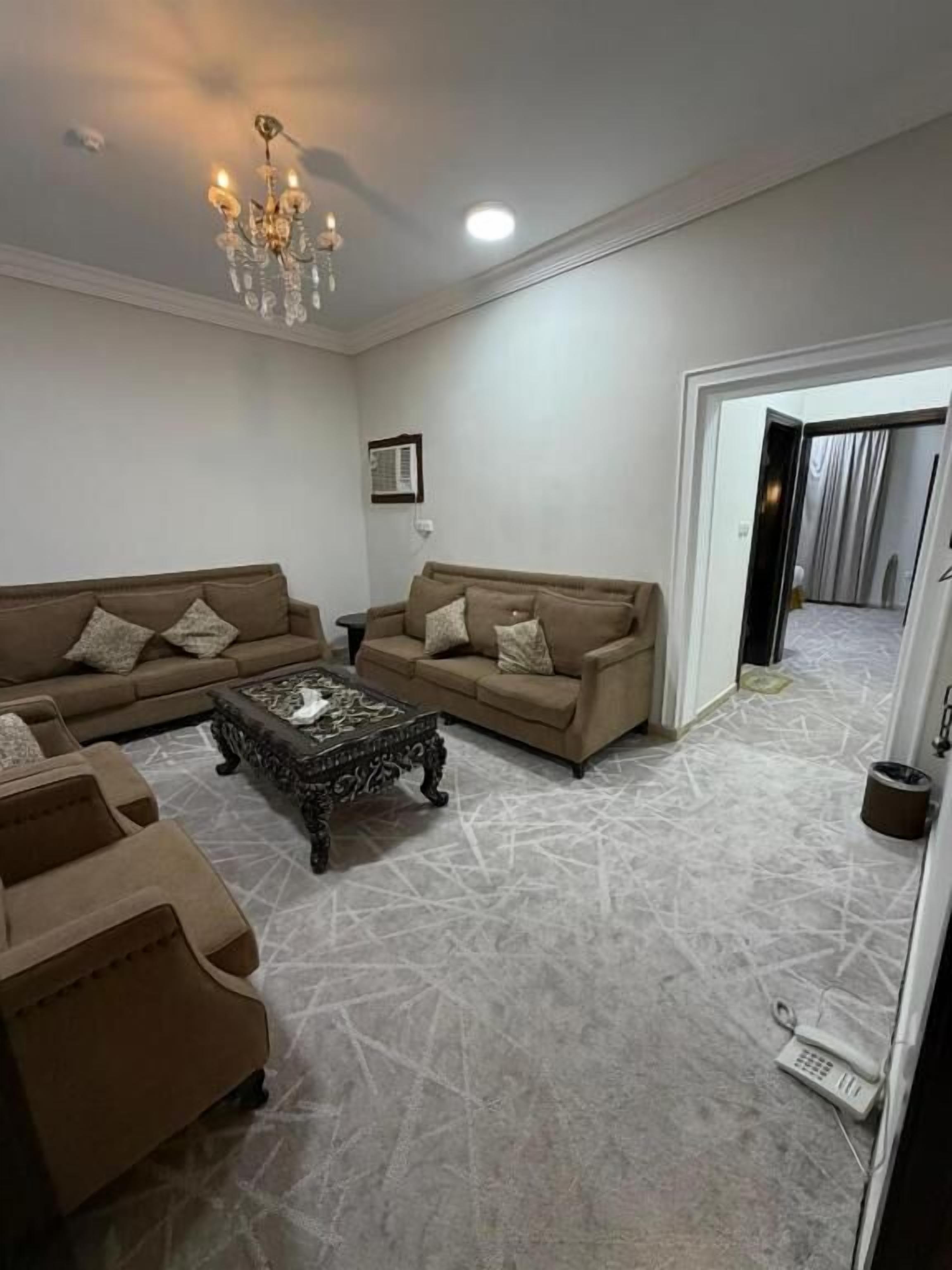 Una sala de estar con candelabro, dos sofás, una mesa de centro y una alfombra estampada.