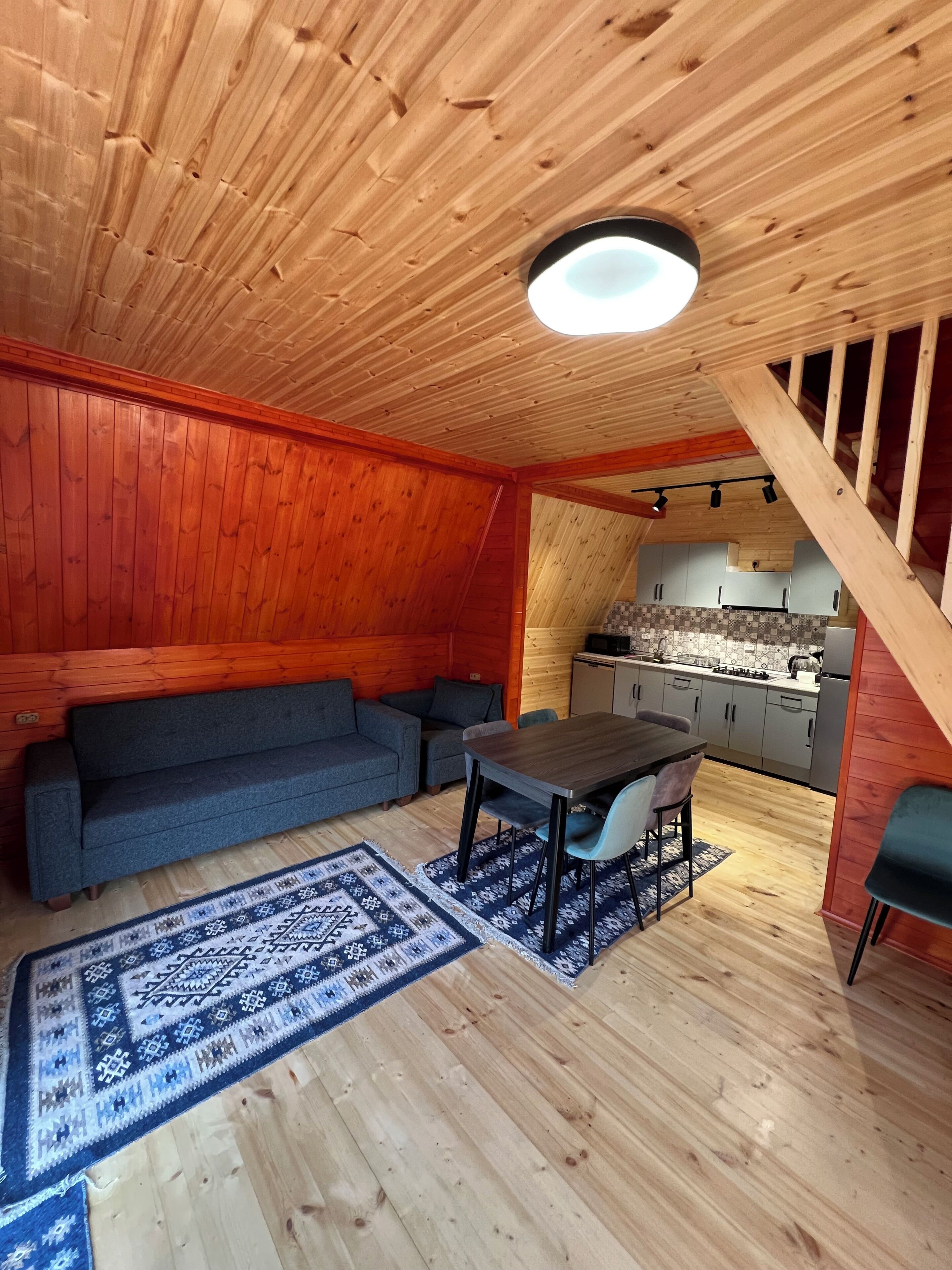 A cozy room with a wooden ceiling, a sofa, a dining table with chairs, and a kitchen area visible through an open space.