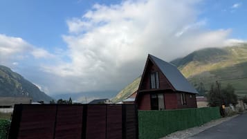 A house with a sloped roof, a fenced yard, and a road in the foreground.