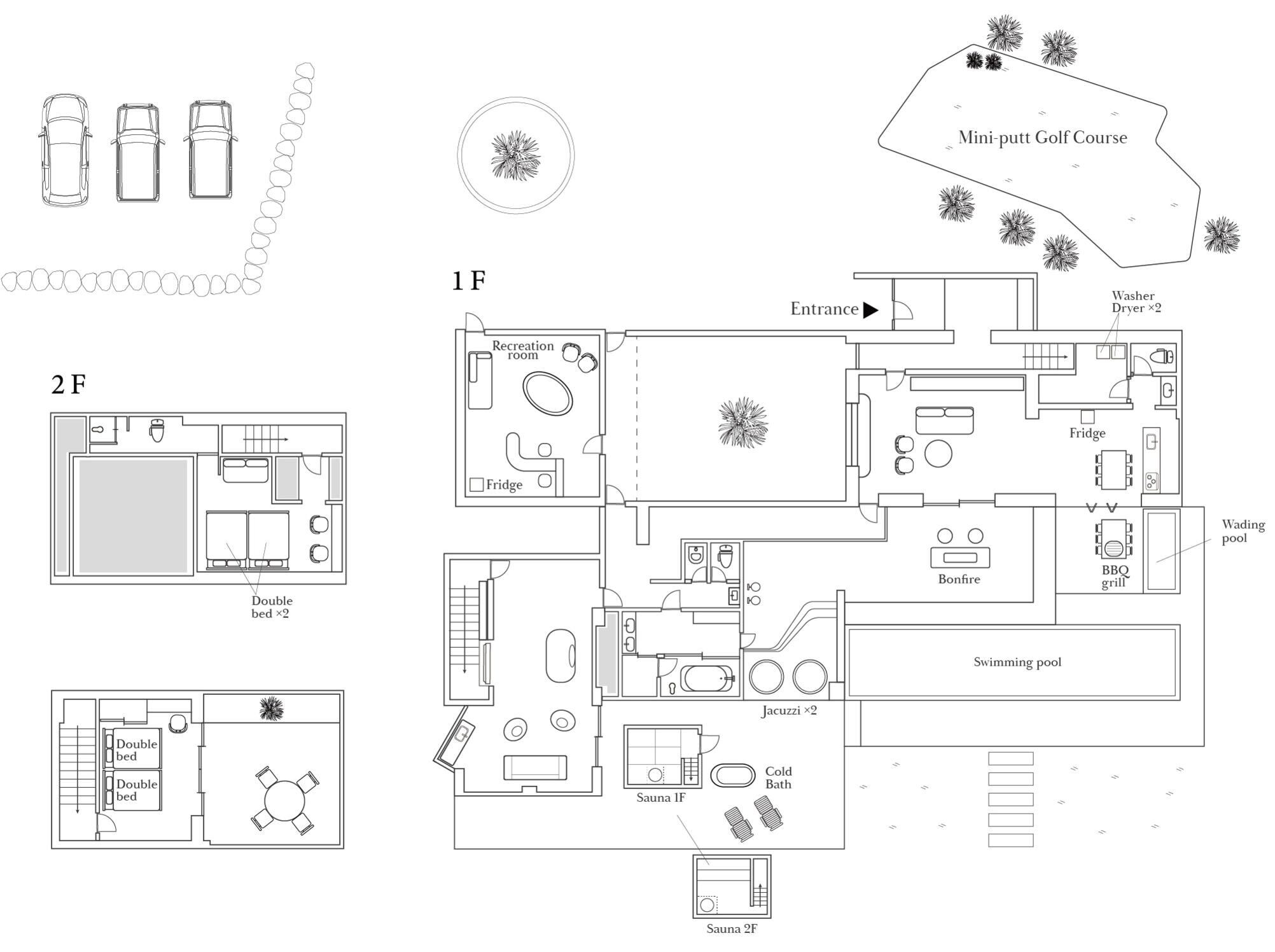 Plano de distribución de una propiedad con campo de mini golf, sala de juegos, camas dobles, parrilla, piscina y sauna.