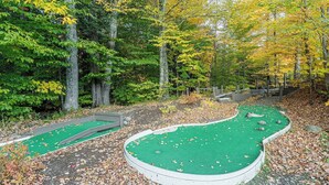 Un parcours de mini-golf doté d’un green, entouré d’arbres et d’une clôture en bois.