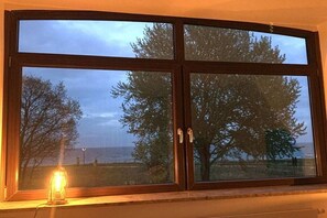 Ein großes Fenster mit Blick auf Bäume und das Meer.